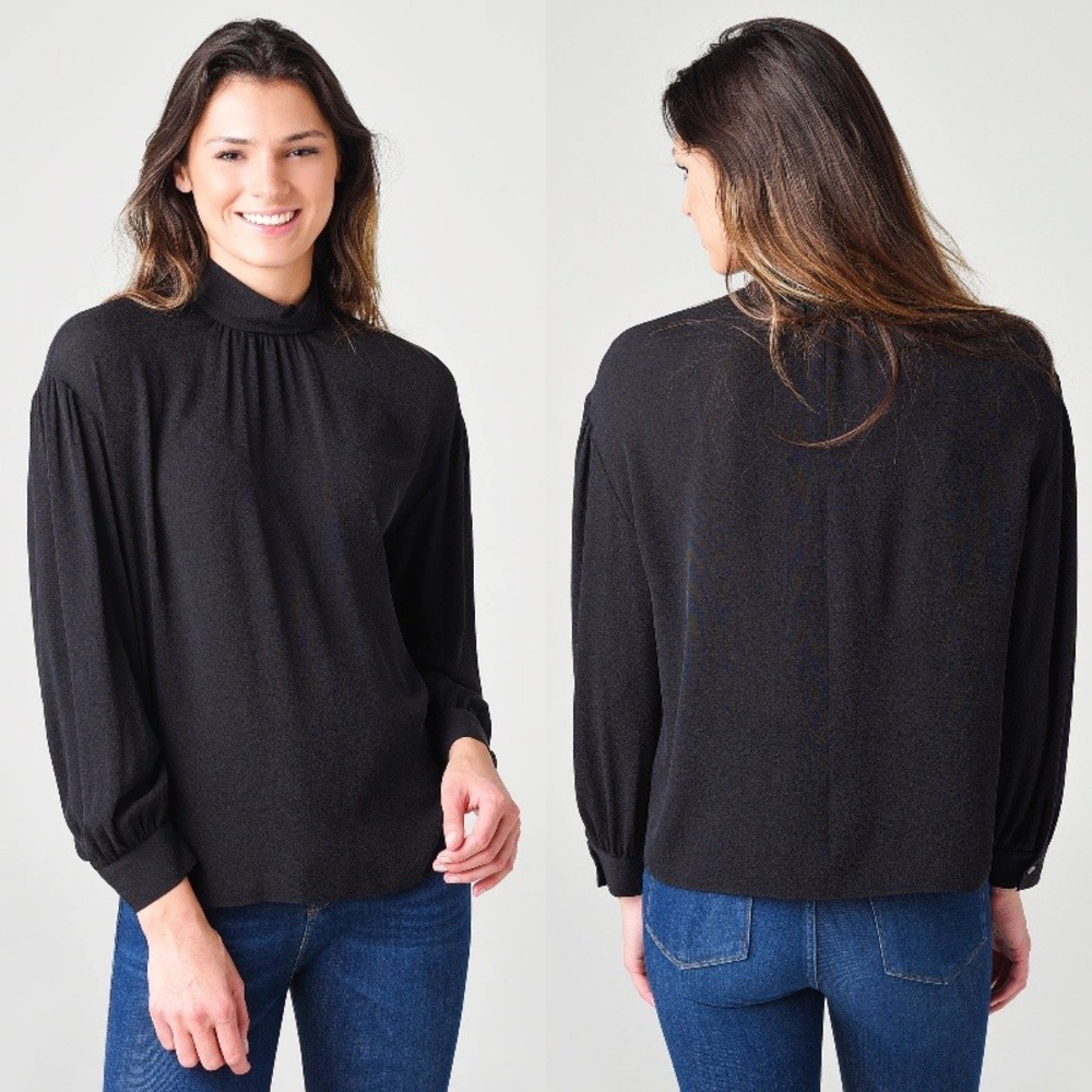 Vince Black Shirred Mock Neck Silk Blouse Long Sleeve Size Small